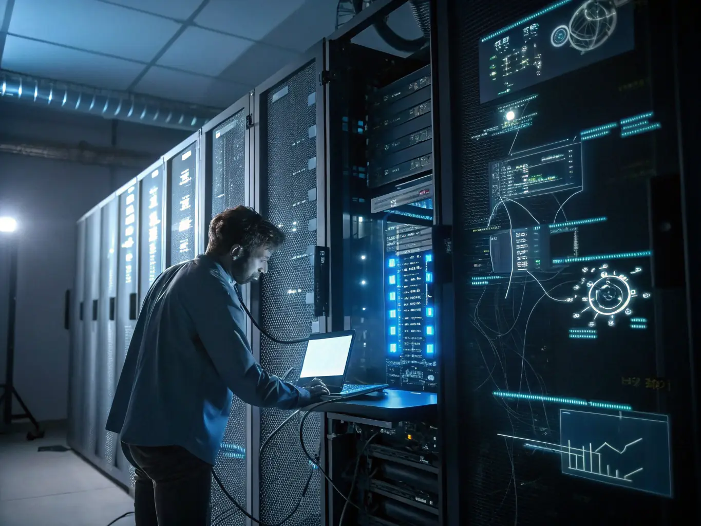 A programmer working on a PLC system, with lines of code displayed on a monitor, illustrating the programming and commissioning service.
