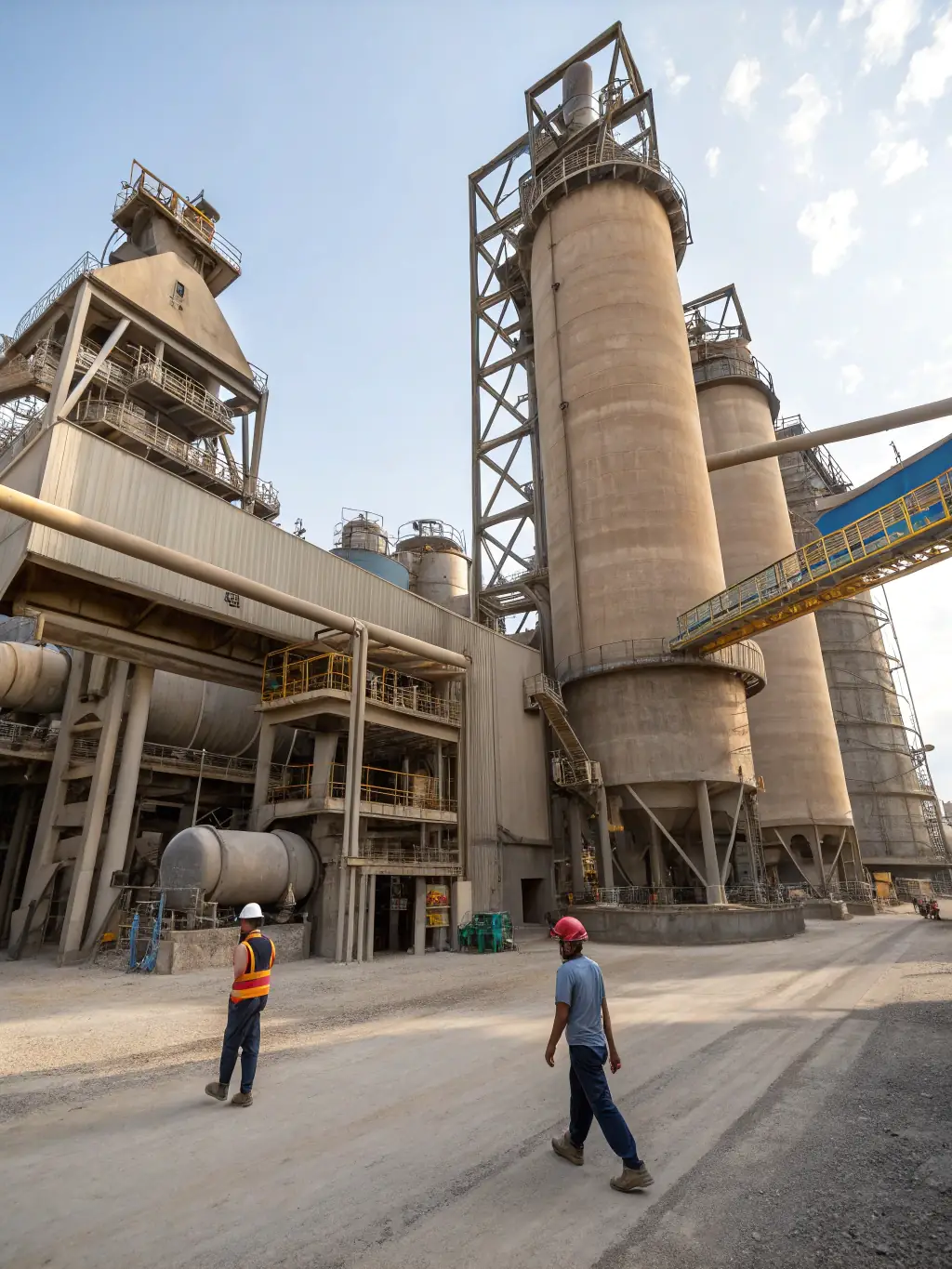 An image of a modern cement plant with automated machinery, illustrating the integration of technology and engineering in cement production.