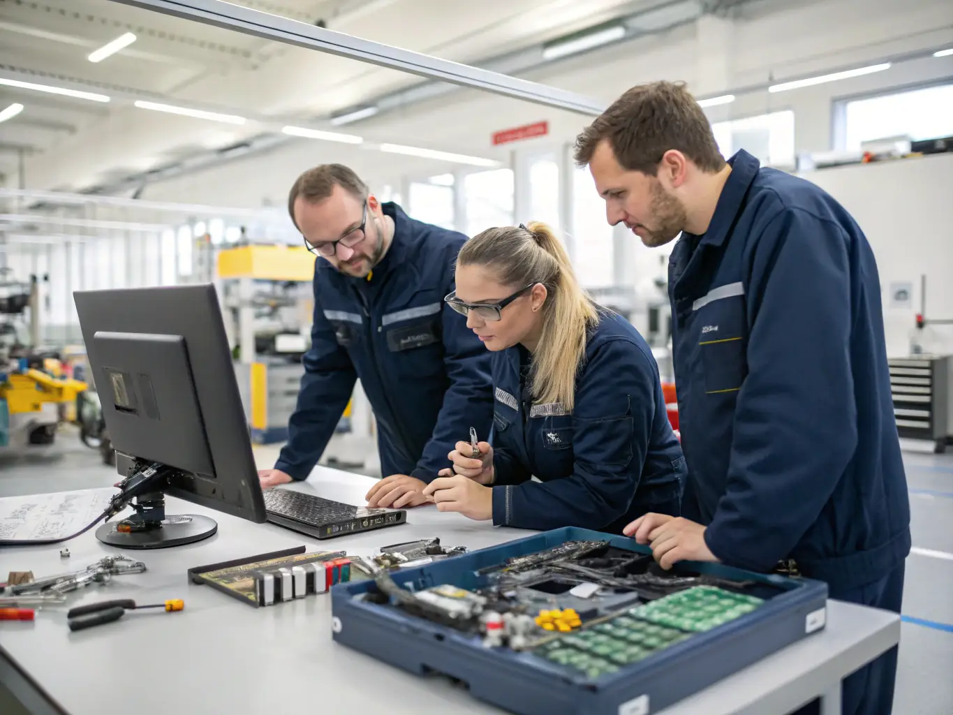 A high-resolution image depicting a team of Hikma Technical Services engineers collaborating on a complex electronic repair project in a modern, well-equipped diagnostic facility. The image should convey expertise, precision, and teamwork.