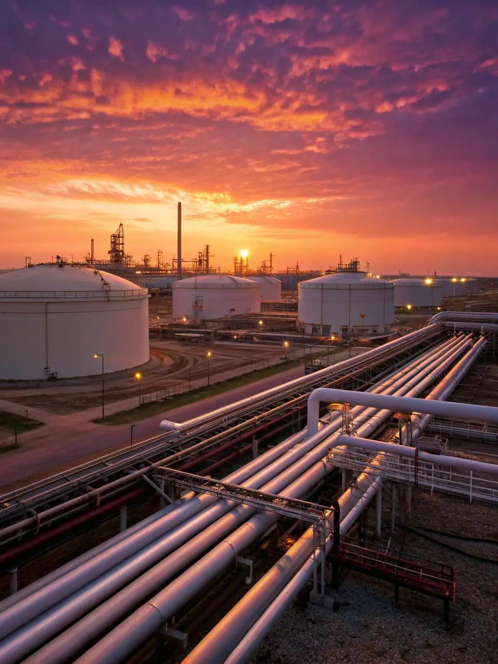 A high-resolution photograph of an oil refinery at sunset, showcasing complex piping and distillation towers, emphasizing the scale and precision required in the Oil & Gas industry.