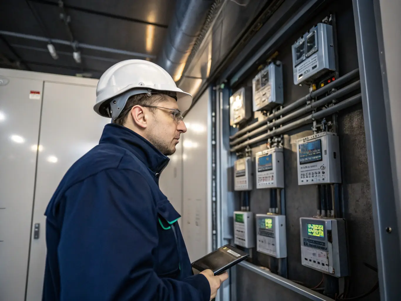 A technician using a power quality analyzer to measure harmonics in an electrical system, demonstrating the power quality and harmonic analysis service.