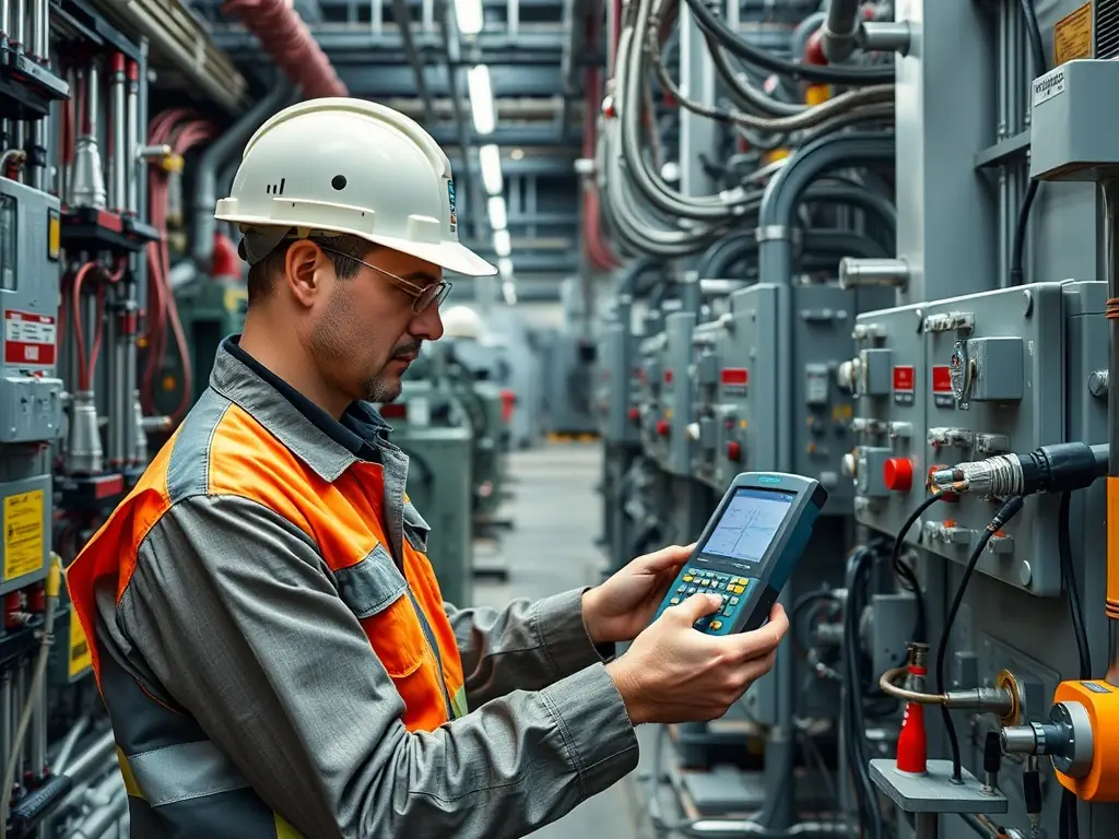An image of an engineer using advanced equipment to conduct power quality and harmonic analysis in an industrial environment. The image should convey precision, technical expertise, and a focus on ensuring system stability.