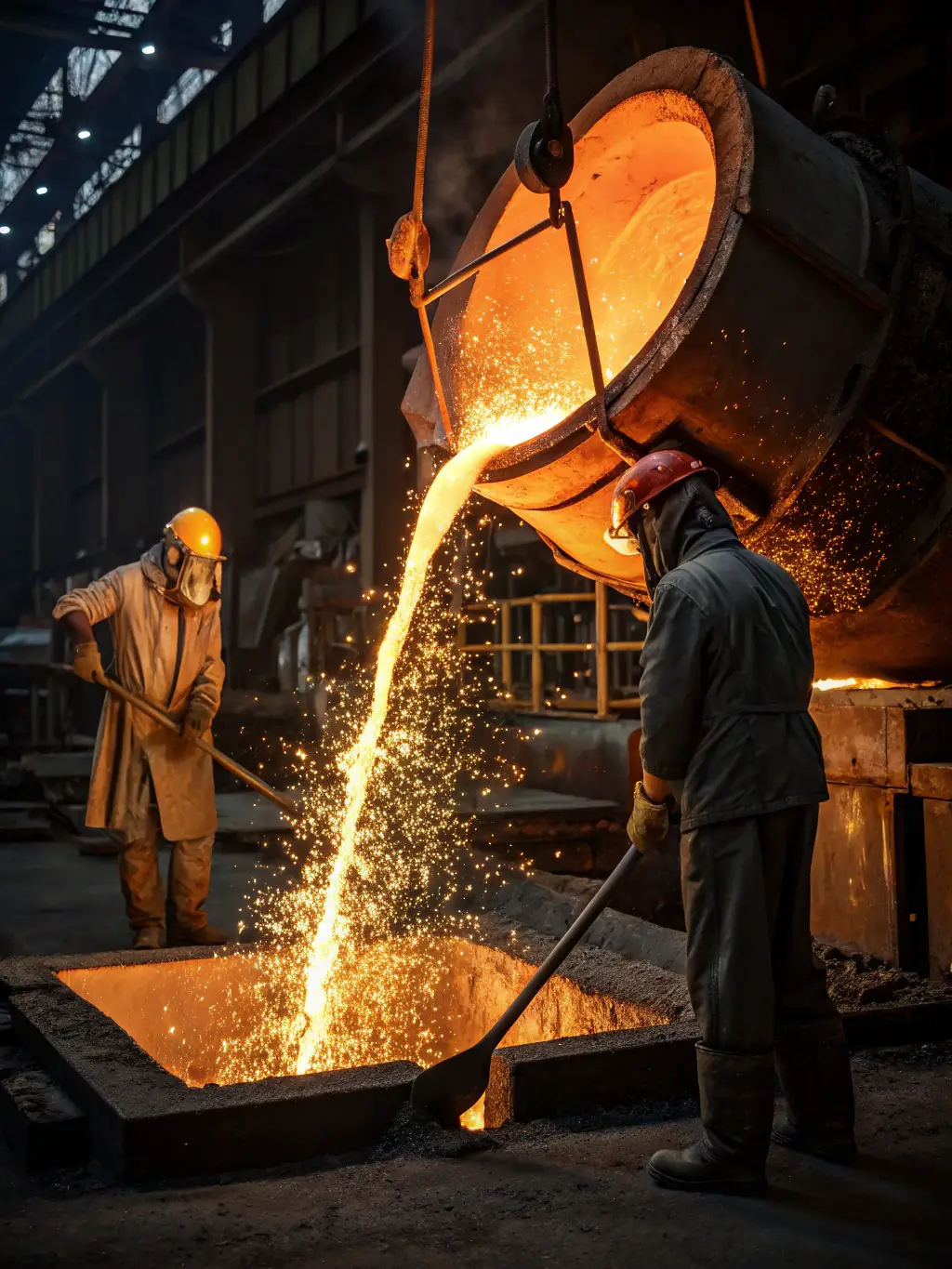 A close-up shot of molten steel being poured in a steel plant, highlighting the extreme conditions and the need for robust engineering solutions.