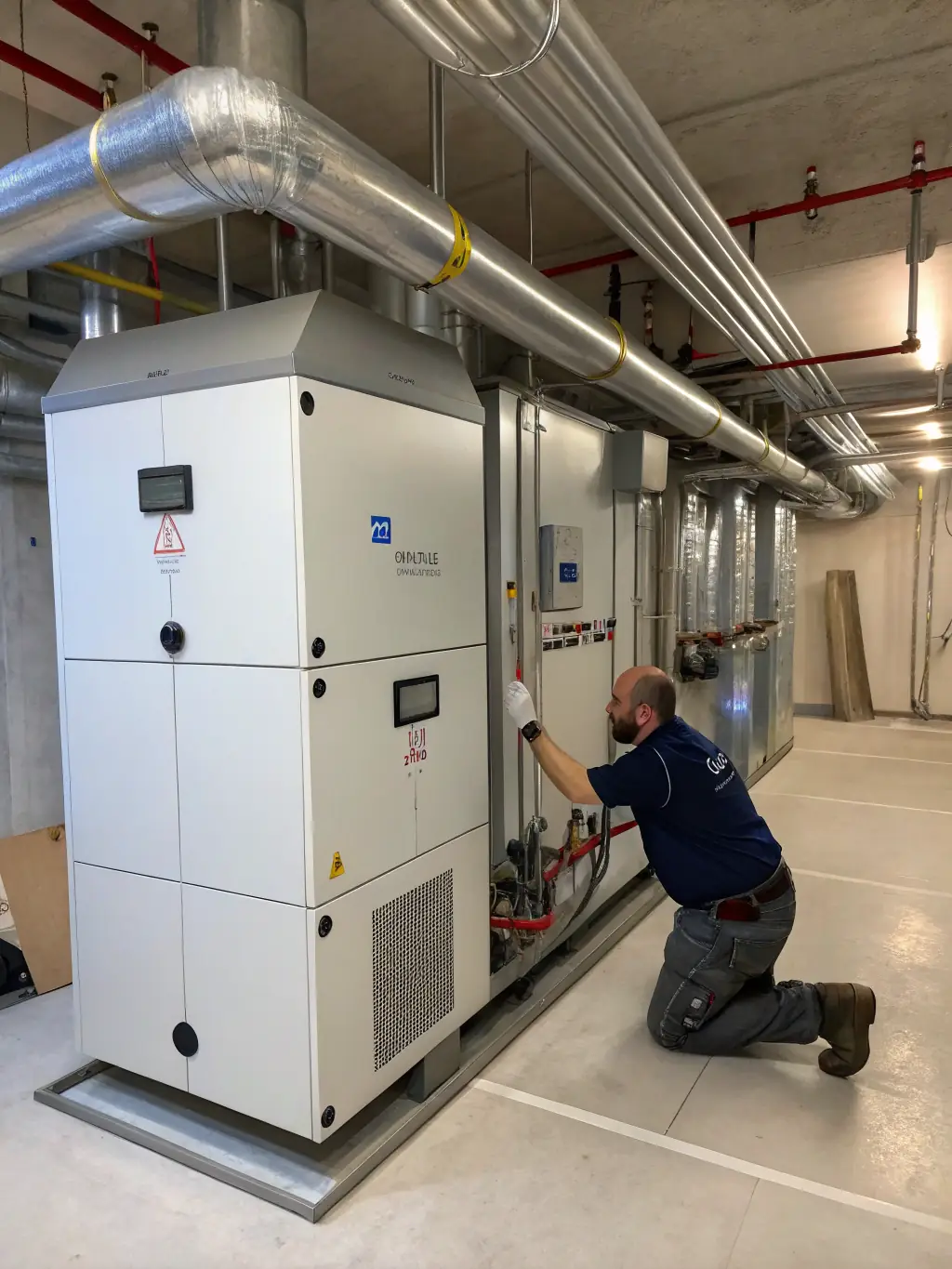 A clean and efficient HVAC system in a large commercial building, emphasizing energy efficiency and air quality.